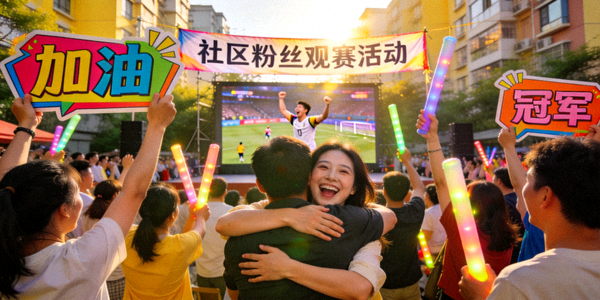 社区粉丝观赛活动现场，人群欢呼气氛热烈