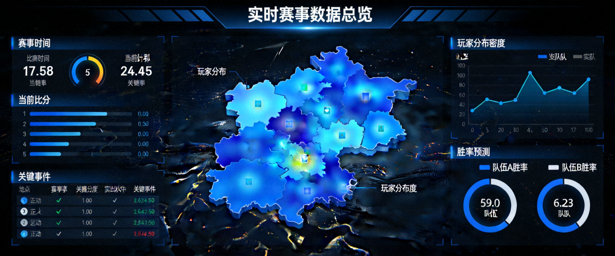 数据可视化大屏展示实时赛事数据流、玩家分布地图与胜率预测图表
